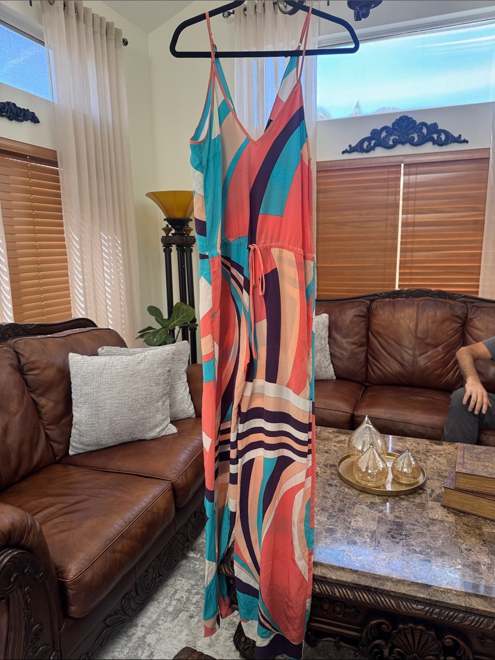 Karina Grimaldi Coral, Teal & Navy Striped Jumpsuit